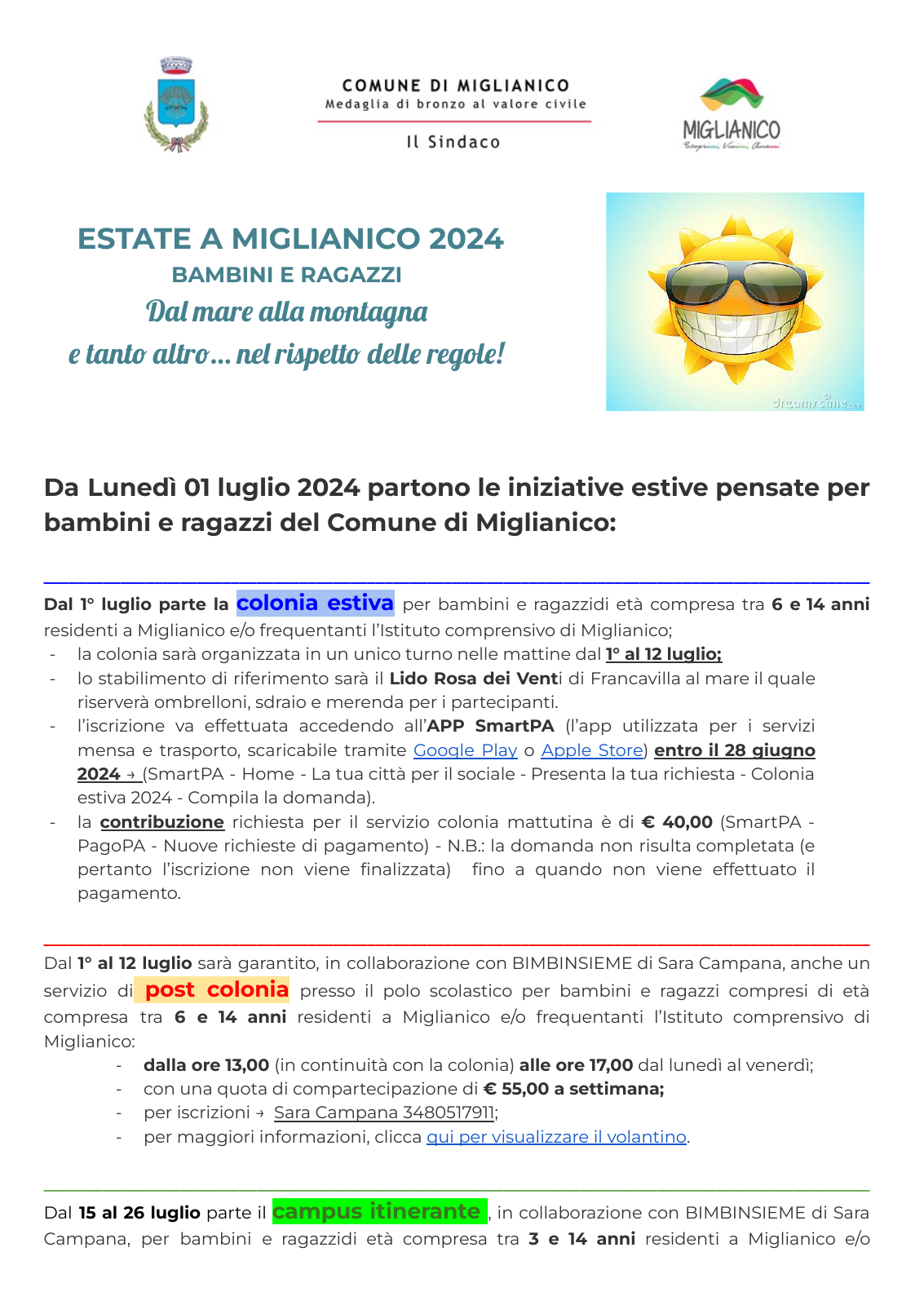 Prima pagina dell’avviso Estate a Miglianico 2024